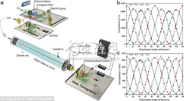 A beam of light was shot through a crystal (top left) which split it into pairs of photons which are connected at the sub-atomic level. This means that the behaviour of the pair of particles is now lixed theoretically over any distance allowing data to be 'teleported' between the two