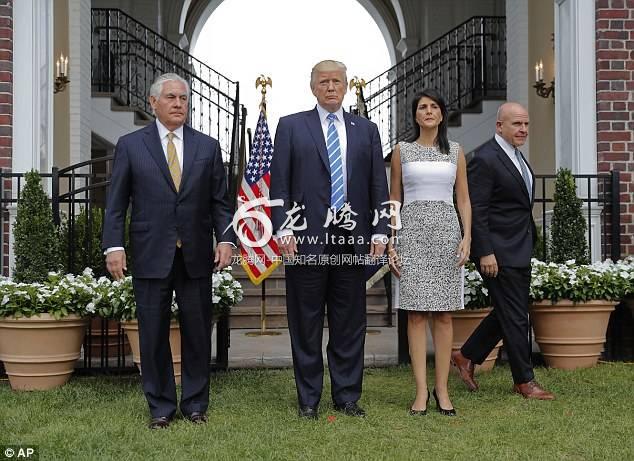 President Donald Trump with from left Secretary of State Rex Tillerson U.S. Ambassador to the United Nations Nikki Haley and national security adviser H.R. McMaster arrive to speak to members of the media following their meeting at Trump National Golf Club in Bedminster