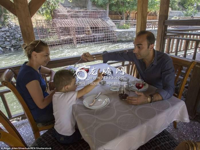 Oblivious: Seated with a view of the bear enclosure is a young family enjoying lunch at the restaurant in Armenia