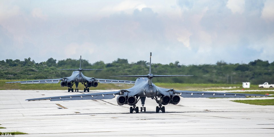 Pictured two US Air Force Rockwell B-1B Lancer strategic bombers preparing to fly a bilateral mission with Japan Air Self-Defense Force F-15 jets in the vicinity of the Senkaku Islands East China Sea