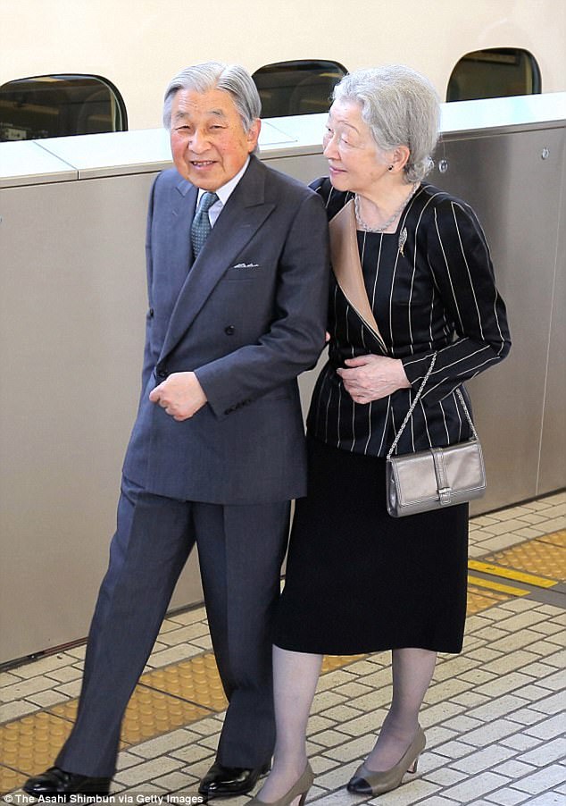 All smiles: Emperor Akihito (pictured with Empress Michiko) 83 could step down the end of December 2018 and be replaced by Crown Prince Naruhito reports have suggested