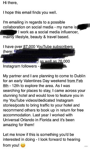 Elle Darby wrote to Paul Stenson the owner of the White Moose Café and Charleville Lodge Hotel in Dublin asking about a 'possible collaboration'