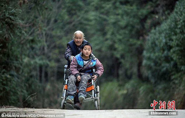 Dedication: Shi Yuying (pictured) has pushed her grandson Jiang Haowen to school for four years. In order to do so the 76-year-old has to walk a total of 15 miles a day in rural China