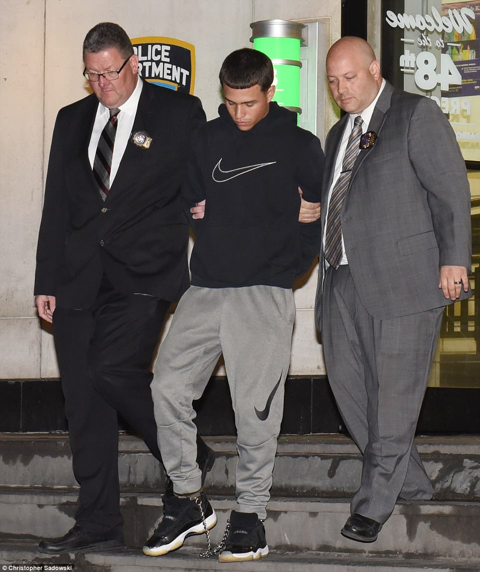 Kevin Alvarez 19 was arrested by the NYPD on Monday. He has pleaded not guilty to murder manslaughter and gang assault. He is seen being led out of a police precinct early Monday morning
